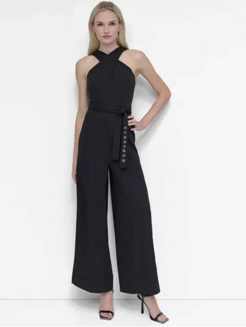DKNY NWT $139 Size 12 Black Wrap Wide Leg Jumpsuit Belted Sleeveless Cocktail
